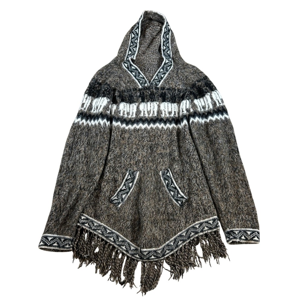 Native Arts Alpaca Wool Hooded Poncho Sweater Fringe Llama Geometric Ecuador